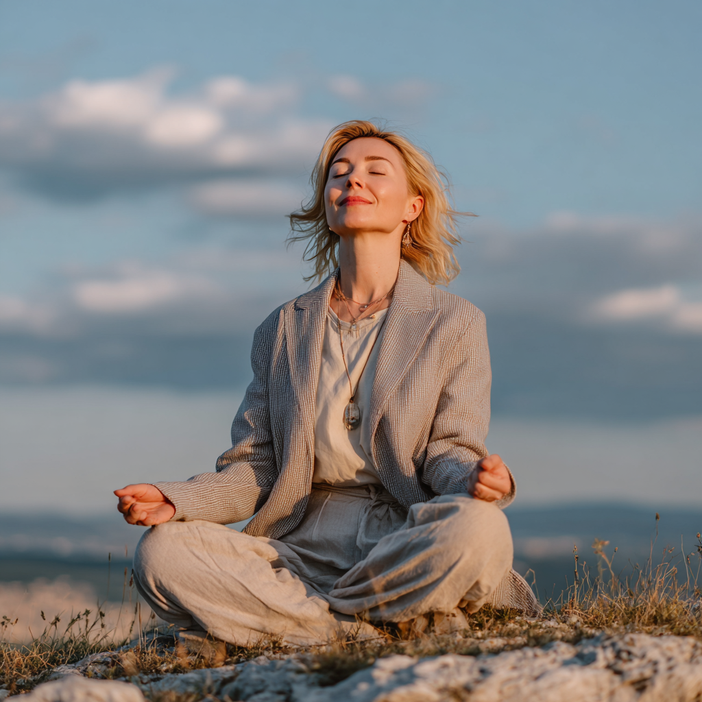 Усмихната жена на средна възраст от български произход практикува йога в спокойна поза на открито сред природата