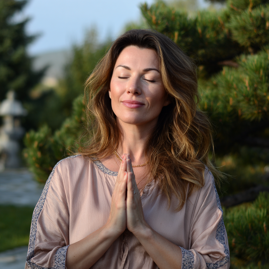 Зряла жена от българско потекло медитира в традиционна поза с усмивка и спокойно израз на лицето